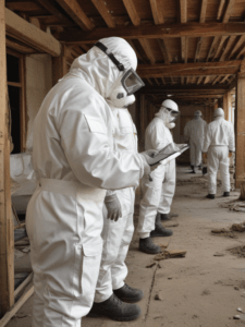 Group of professional asbestos workers in full protective gear conducting inspections and abatement in a damaged building