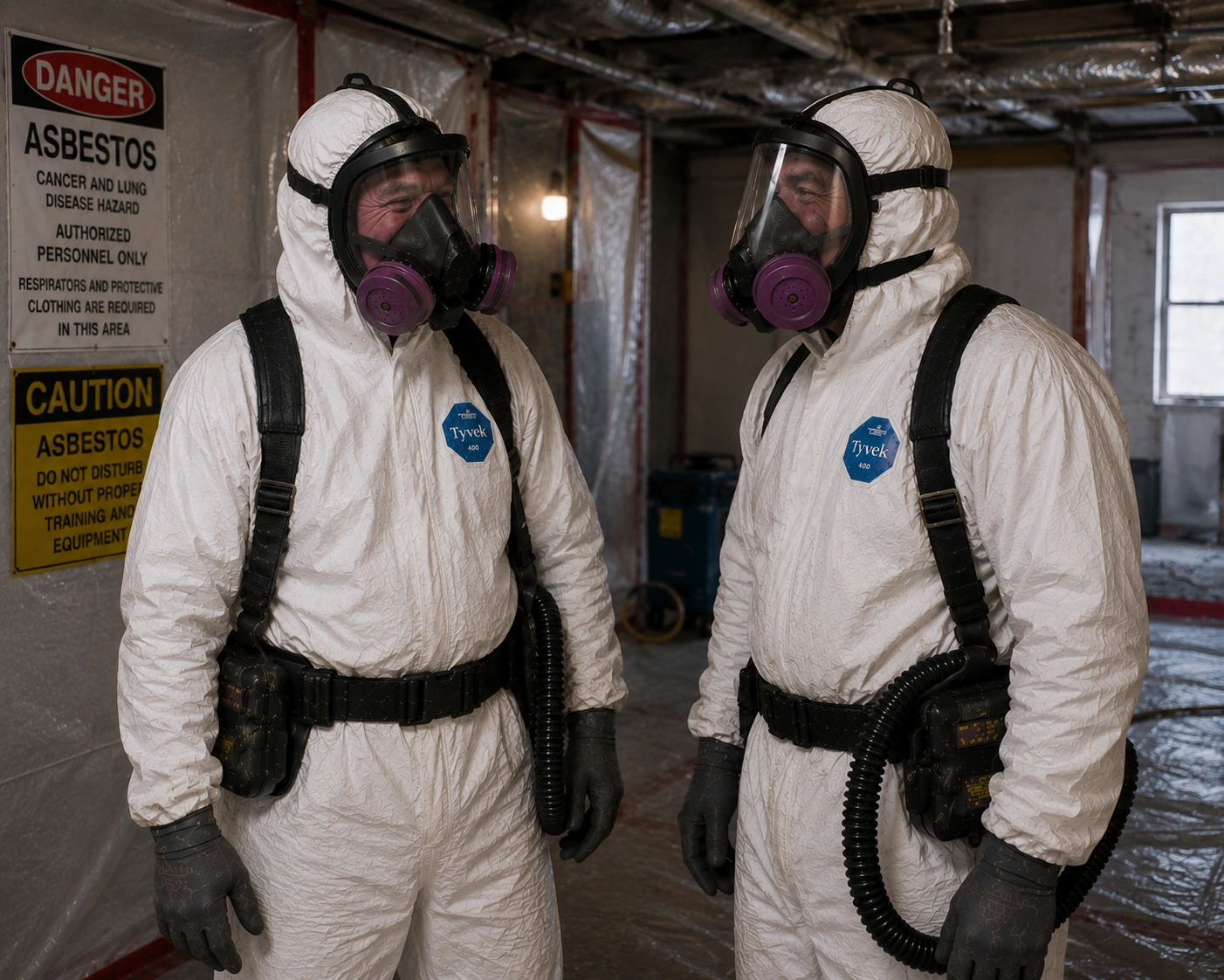 Two EPA-certified asbestos abatement technicians removing material inside a containment zone