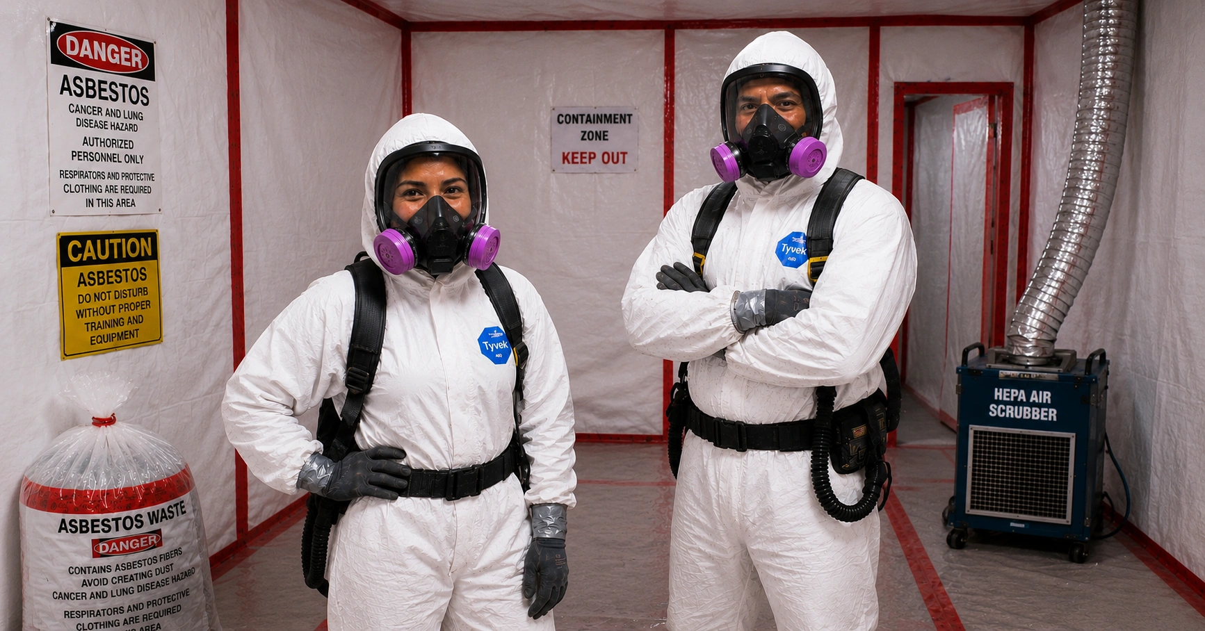 Bergman Brothers asbestos abatement technicians working in a HEPA-filtered containment zone in Indiana
