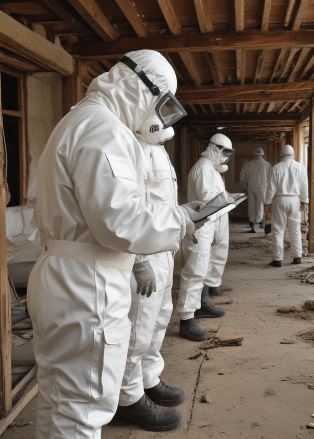 Group of professional asbestos workers in full protective gear conducting inspections and abatement in a damaged building