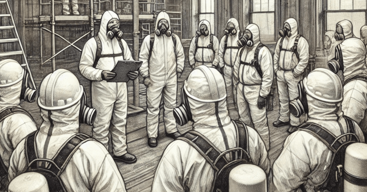 Pencil drawing of asbestos workers in hazmat suits and respirators during a safety meeting inside a building under restoration, with a manager holding a clipboard and addressing the team.